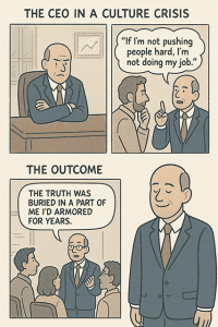 CEO in a culture crisis cartoon showing him pushing team then revealing hidden truths to find authentic leadership.