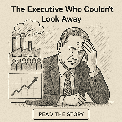 Insight Story: executive with hand on forehead, surrounded by factory icon and rising chart, facing conscience inaction.