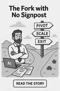 Insight Story: startup founder at fork with signpost showing Pivot, Scale, Exit, contemplating next move.