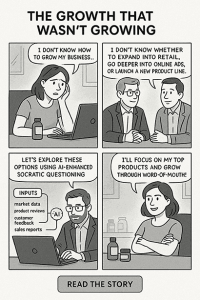 Insight Story: small business owner weighs growth options at laptop, facing plateau in organic skincare brand.