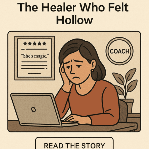 Insight Story: women’s empowerment coach at laptop looking hollow beneath glowing testimonial framed on wall.