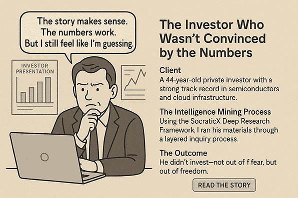 Insight Story: investor at laptop with charts behind him questioning numbers that work but leave him guessing.