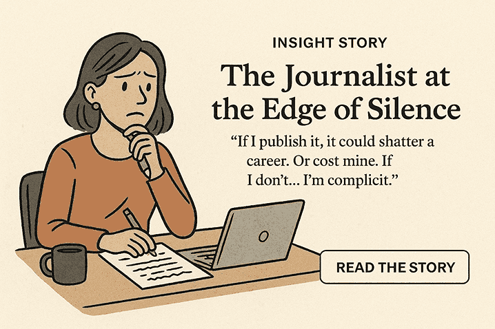 Insight story: The Journalist at the Edge of Silence shows a worried investigative journalist writing at her desk