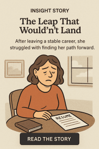 Insight Story: former product director sits before resume at desk, feeling disoriented after career leap.