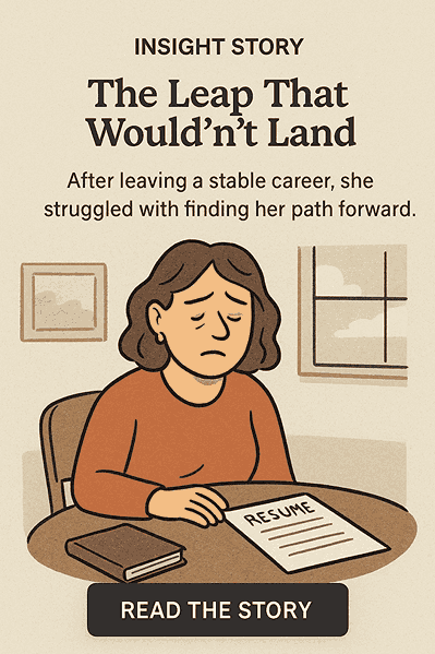 Insight Story: former product director sits before resume at desk, feeling disoriented after career leap.