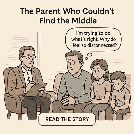 Insight Story: father sits with two children and coach, exploring inherited authority patterns and rebuilding emotional connection.