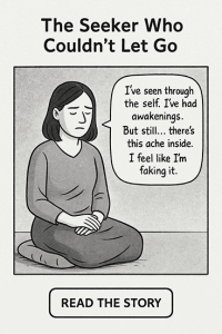 Insight Story: spiritual seeker sits in meditation posture with thought bubble about ache despite awakenings.