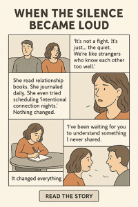 Insight Story: couple sits on couch in silence, woman journals then shares a hidden feeling to reconnect.