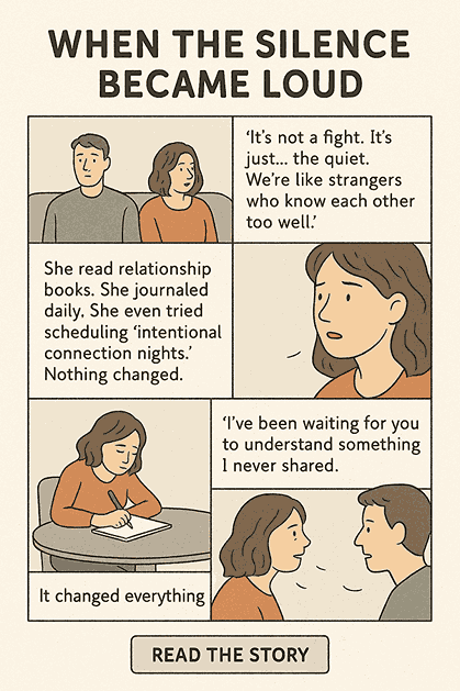 Insight Story: couple sits on couch in silence, woman journals then shares a hidden feeling to reconnect.