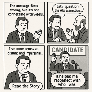 Insight Story: candidate first distant in polls, then shares personal stories on stage, connecting authentically with voters.