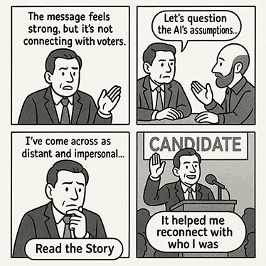 Insight Story: candidate first distant in polls, then shares personal stories on stage, connecting authentically with voters.