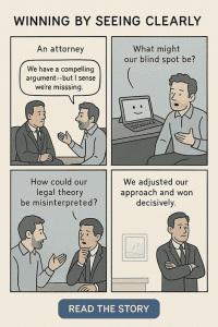 Insight Story: attorney and AI advisor discuss blind spots and adjust legal strategy to win merger dispute decisively.